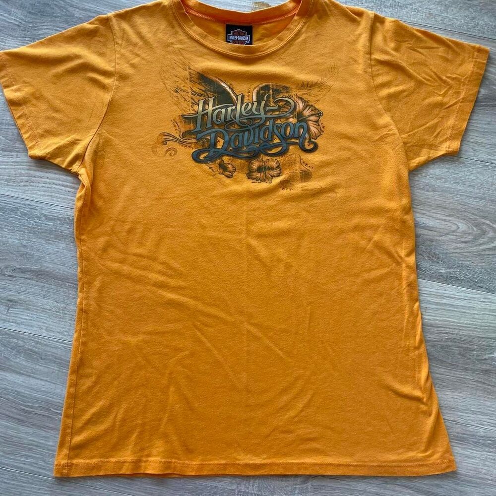 Harley Davidson Orange Bedazzled Tshirt Biker Motorcycle Kawaii Y2K Top Moto